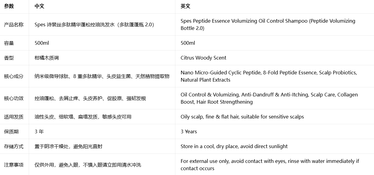 Spes 诗裴丝多肽蓬蓬瓶洗发水 控油蓬松去屑止痒洗发露|Spes Peptide Shampoo Oil Control Volumizing Anti-Dandruff