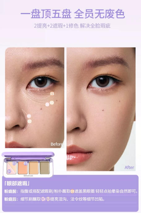 GirlsCrush倍润无瑕五色遮瑕盘 提亮遮盖斑点黑眼圈泪沟|GirlsCrush 5-in-1 Hydrating Concealer Palette - Cover Dark Circles, Spots & Brighten